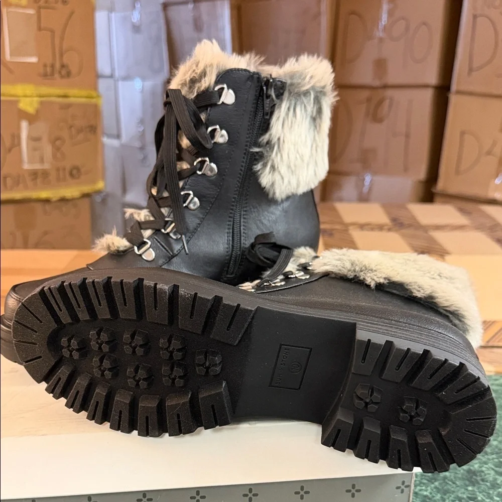 Sun + Stone Black Faux Fur-Trim Lace-Up Winter Ankle Boots
